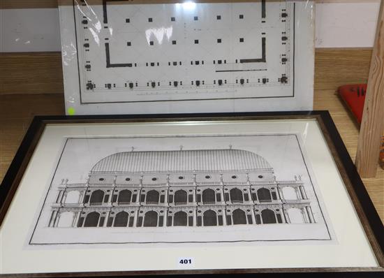 After Palladio, an 18th century engraved elevation of the Basilica Palladiano in Vicenza, engraved by Vichi 1776 and another unframed o